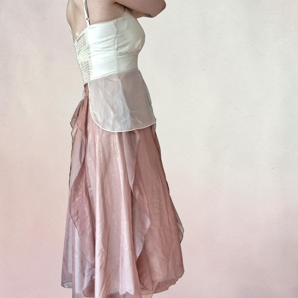 Vintage Y2K Dusty Rose Pink Cream Ivory Organza Layered Midi Dress Fairycore M - Picture 4 of 16